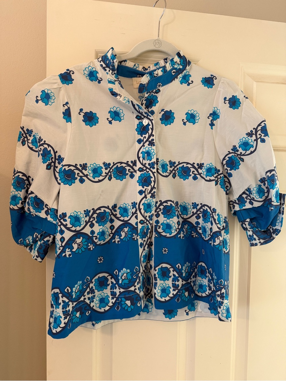 Blue Floral Band-Print Button Front Blouse